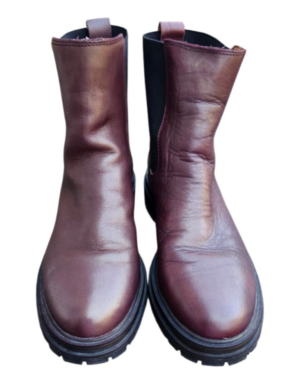 Madewell Leather Chelsea Boots Burgundy Lug Sole Pull On Women’s Size 9 - Picture 2 of 11